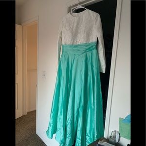 European lace and tafta white and pistachio dress